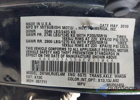 2010 Mitsubishi Endeavor Se from USA, damaged, VIN 4A4JN3AS5AE019048